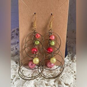 Colorful Multi-Hoop Drop Earrings with Pink, Red & Lime Beads